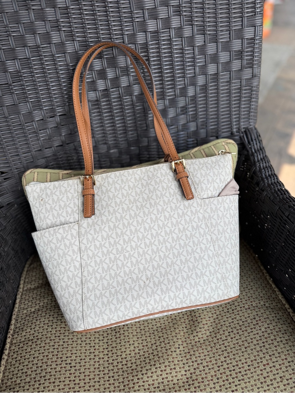 Michael Kors White Monogram Tote with Tan Leather Straps